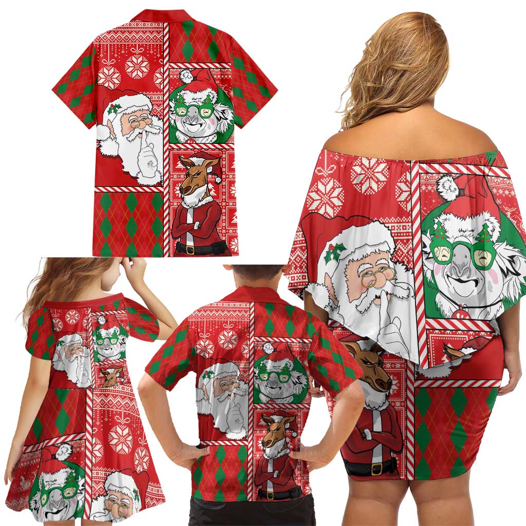 Australian Christmas Family Matching Off Shoulder Short Dress and Hawaiian Shirt - Santa Koala Kangaroo and Holiday Cheer LT03 - Polynesian Pride