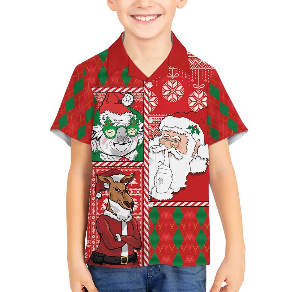 Australian Christmas Family Matching Off Shoulder Short Dress and Hawaiian Shirt - Santa Koala Kangaroo and Holiday Cheer LT03 Son's Shirt Red - Polynesian Pride