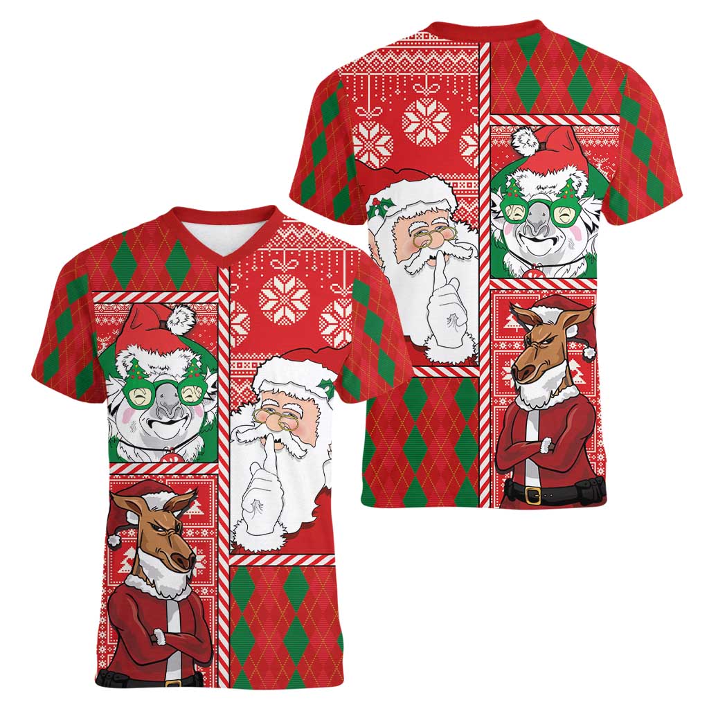 Australian Christmas Women V-Neck T-Shirt - Santa Koala Kangaroo and Holiday Cheer LT03 - Polynesian Pride