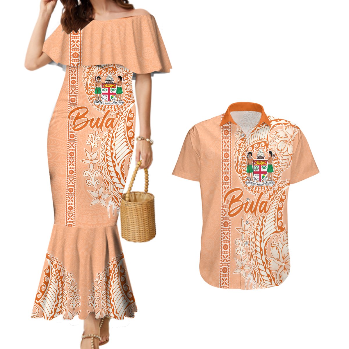 Bula Fiji Couples Matching Mermaid Dress and Hawaiian Shirt Tropical Flower and Tapa Pattern Peach Fuzz Color LT03 Peach Fuzz - Polynesian Pride