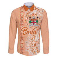 Bula Fiji Family Matching Off Shoulder Maxi Dress and Hawaiian Shirt Tropical Flower and Tapa Pattern Peach Fuzz Color LT03 Dad's Shirt - Long Sleeve Peach Fuzz - Polynesian Pride
