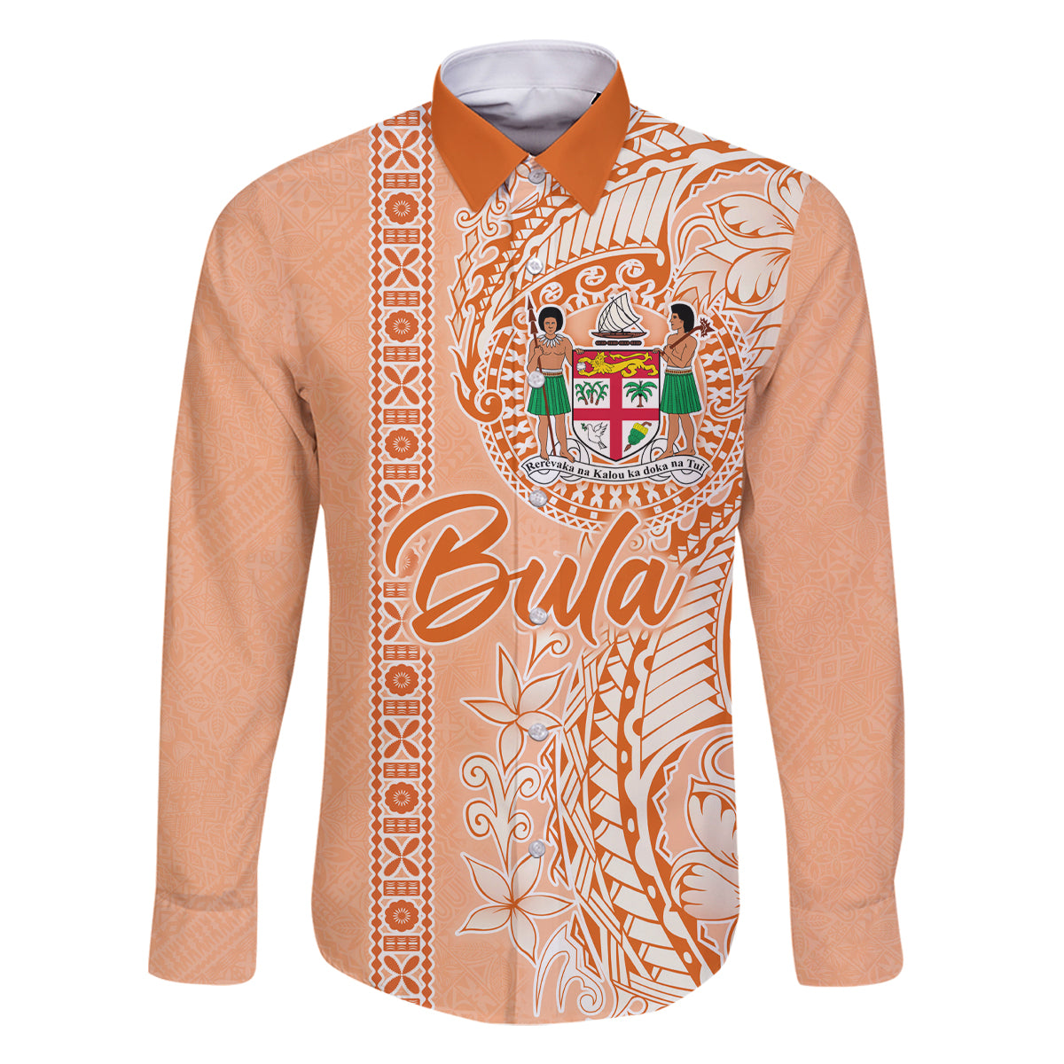 Bula Fiji Family Matching Off Shoulder Short Dress and Hawaiian Shirt Tropical Flower and Tapa Pattern Peach Fuzz Color LT03 Dad's Shirt - Long Sleeve Peach Fuzz - Polynesian Pride