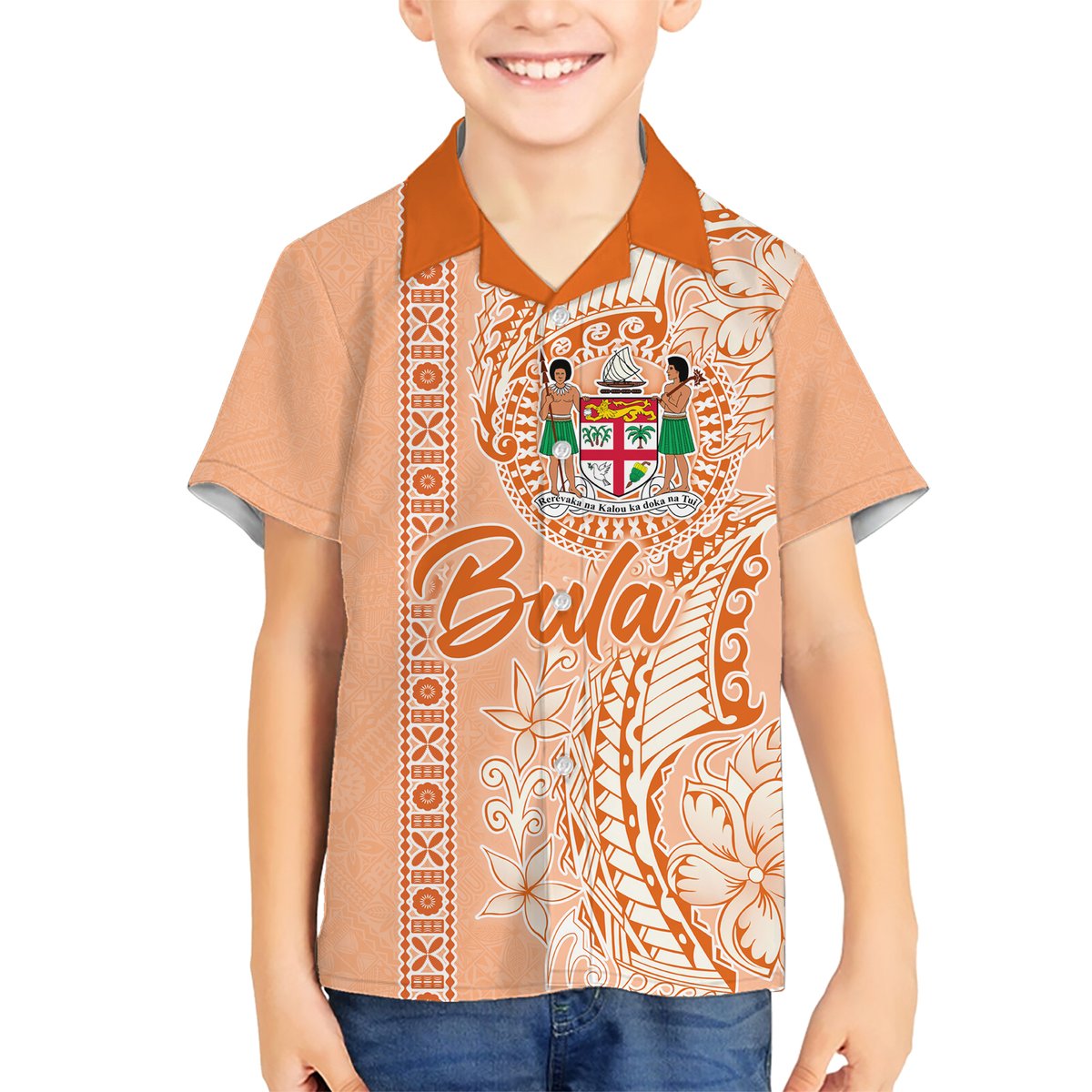 Bula Fiji Hawaiian Shirt Tropical Flower and Tapa Pattern Peach Fuzz Color LT03 - Polynesian Pride