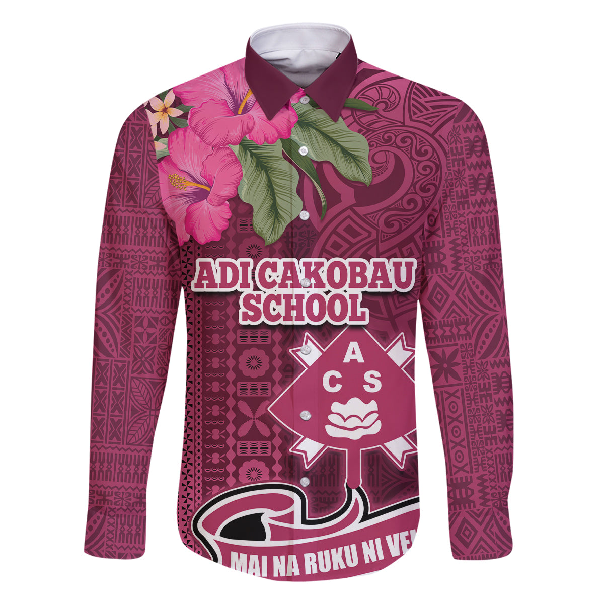 Fiji Adi Cakobau School Family Matching Off Shoulder Maxi Dress and Hawaiian Shirt Tropical Flower and Tapa Pattern LT03 Dad's Shirt - Long Sleeve Pink - Polynesian Pride