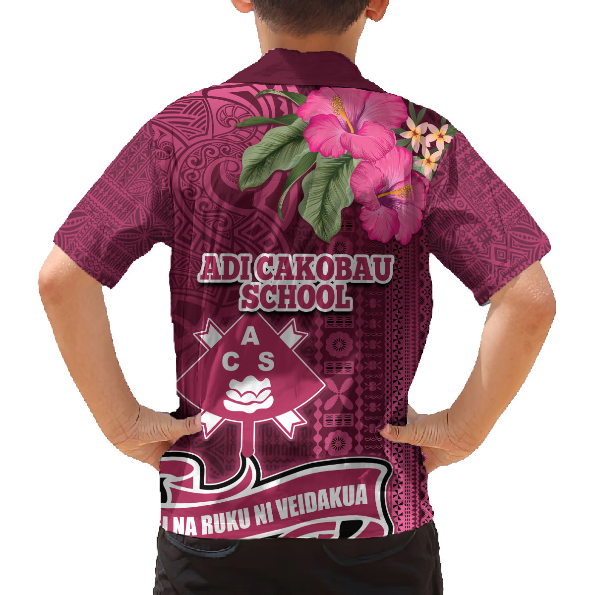 Fiji Adi Cakobau School Family Matching Off Shoulder Short Dress and Hawaiian Shirt Tropical Flower and Tapa Pattern LT03 - Polynesian Pride