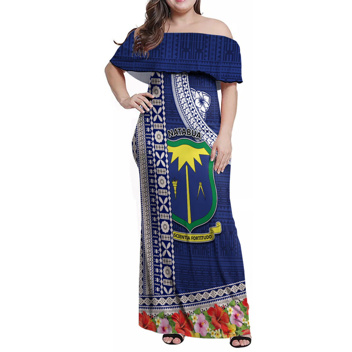 Fiji Natabua High School Family Matching Off Shoulder Maxi Dress and Hawaiian Shirt Tropical Flower and Tapa Pattern Blue Style LT03 Mom's Dress Blue - Polynesian Pride