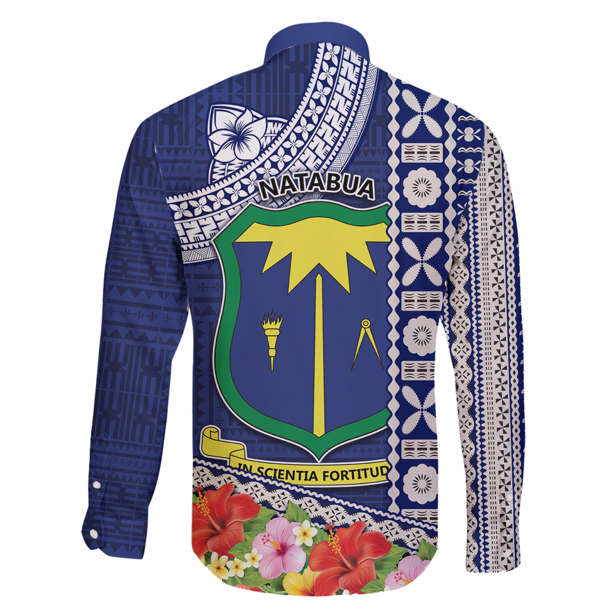Fiji Natabua High School Family Matching Off Shoulder Short Dress and Hawaiian Shirt Tropical Flower and Tapa Pattern Blue Style LT03 - Polynesian Pride
