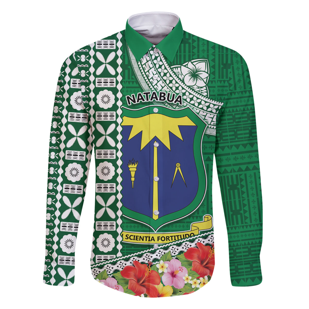 Fiji Natabua High School Family Matching Mermaid Dress and Hawaiian Shirt Tropical Flower and Tapa Pattern Green Style LT03 Dad's Shirt - Long Sleeve Green - Polynesian Pride