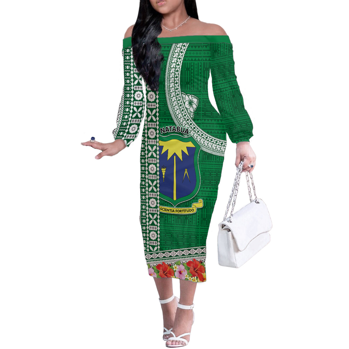 Fiji Natabua High School Family Matching Off Shoulder Long Sleeve Dress and Hawaiian Shirt Tropical Flower and Tapa Pattern Green Style LT03 Mom's Dress Green - Polynesian Pride