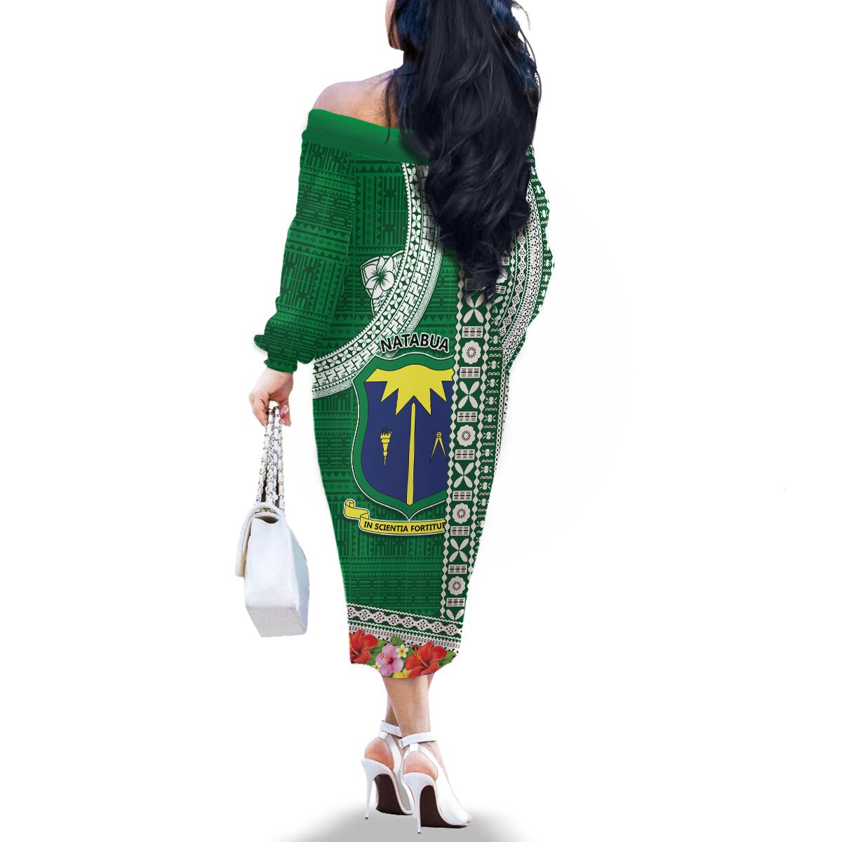 Fiji Natabua High School Family Matching Off Shoulder Long Sleeve Dress and Hawaiian Shirt Tropical Flower and Tapa Pattern Green Style LT03 - Polynesian Pride