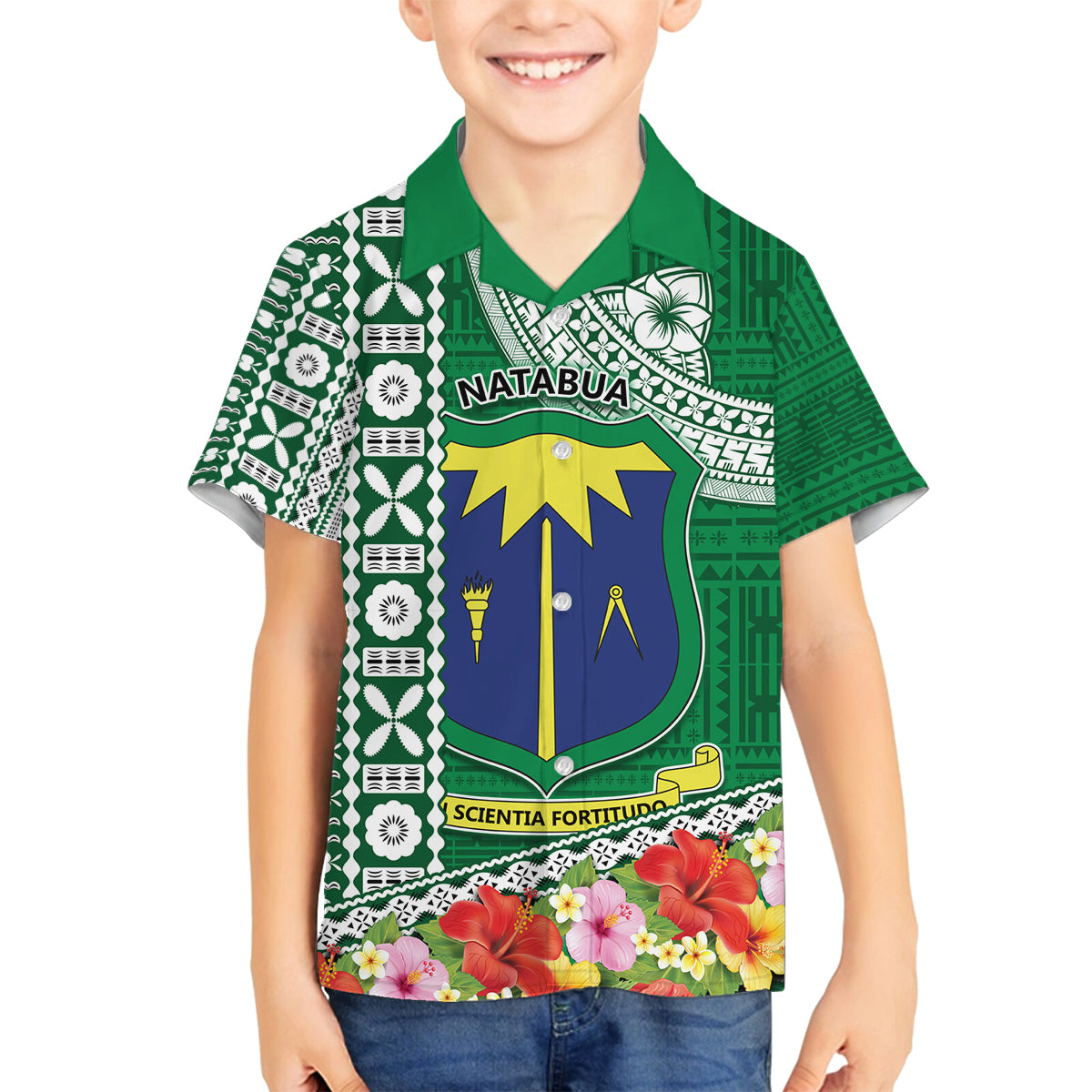 Fiji Natabua High School Family Matching Summer Maxi Dress and Hawaiian Shirt Tropical Flower and Tapa Pattern Green Style LT03 Son's Shirt Green - Polynesian Pride