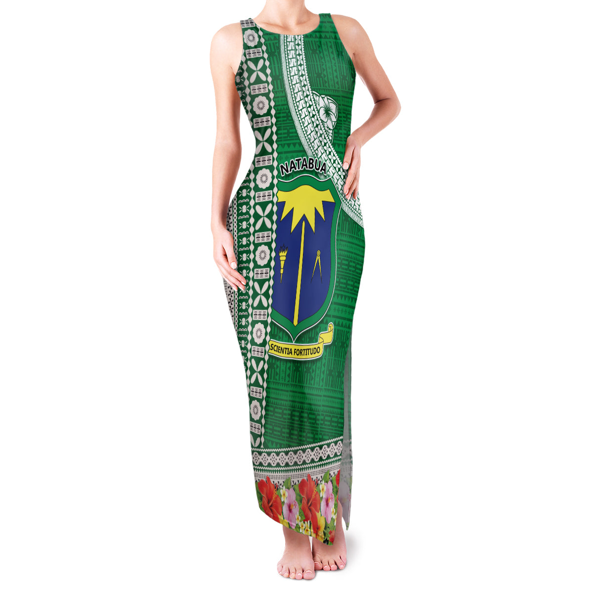 Fiji Natabua High School Family Matching Tank Maxi Dress and Hawaiian Shirt Tropical Flower and Tapa Pattern Green Style LT03 Mom's Dress Green - Polynesian Pride