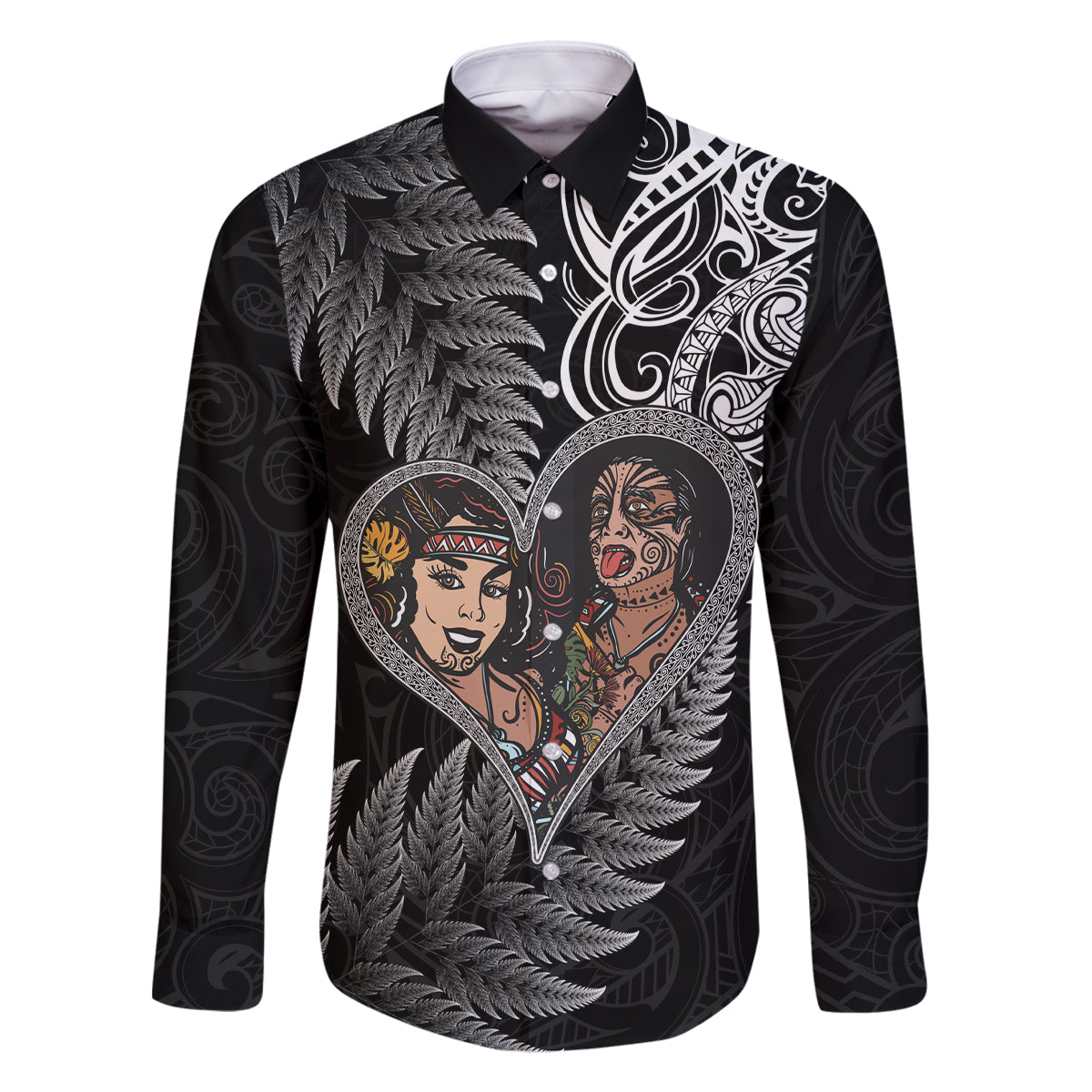 New Zealand Valentine Day Family Matching Off Shoulder Maxi Dress and Hawaiian Shirt Aotearoa Warrior and Woman Love Heart Silver Fern Koru LT03 Dad's Shirt - Long Sleeve Black - Polynesian Pride