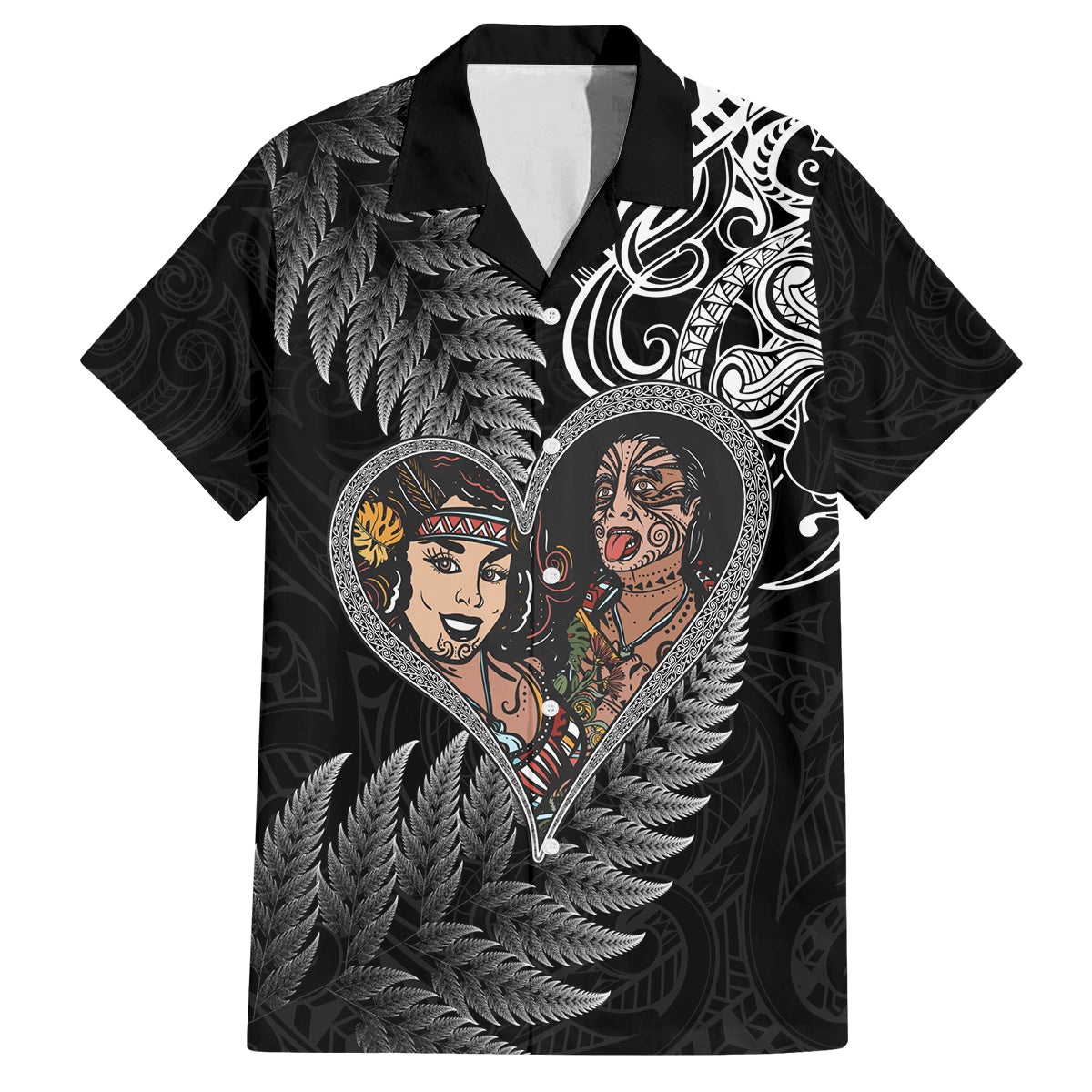 New Zealand Valentine Day Family Matching Tank Maxi Dress and Hawaiian Shirt Aotearoa Warrior and Woman Love Heart Silver Fern Koru LT03 Dad's Shirt - Short Sleeve Black - Polynesian Pride