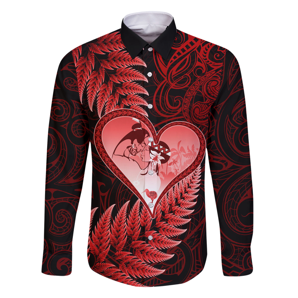 New Zealand Valentine Day Family Matching Off Shoulder Maxi Dress and Hawaiian Shirt Aotearoa Warrior and Woman Love Story Silver Fern Koru Red Style LT03 Dad's Shirt - Long Sleeve Red - Polynesian Pride