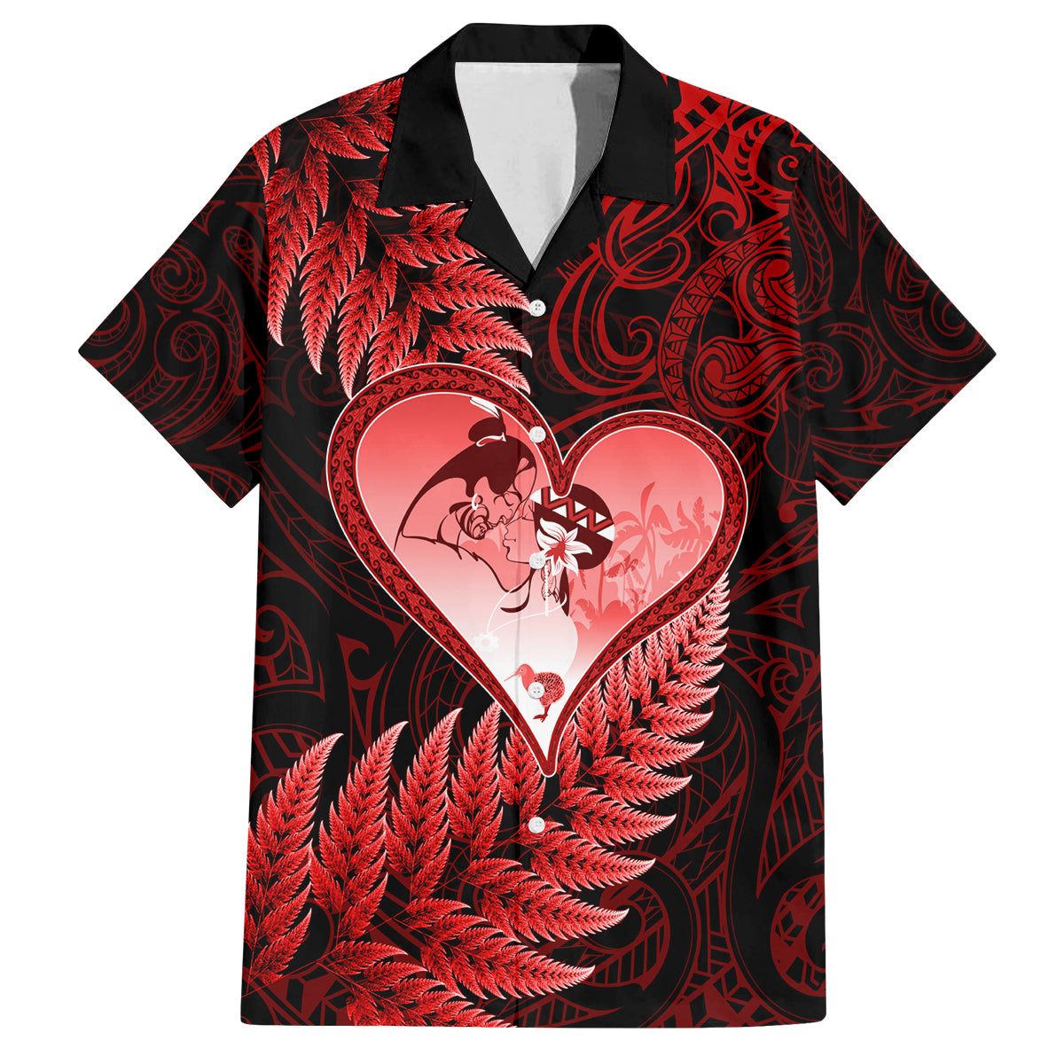New Zealand Valentine Day Family Matching Puletasi and Hawaiian Shirt Aotearoa Warrior and Woman Love Story Silver Fern Koru Red Style LT03 Dad's Shirt - Short Sleeve Red - Polynesian Pride