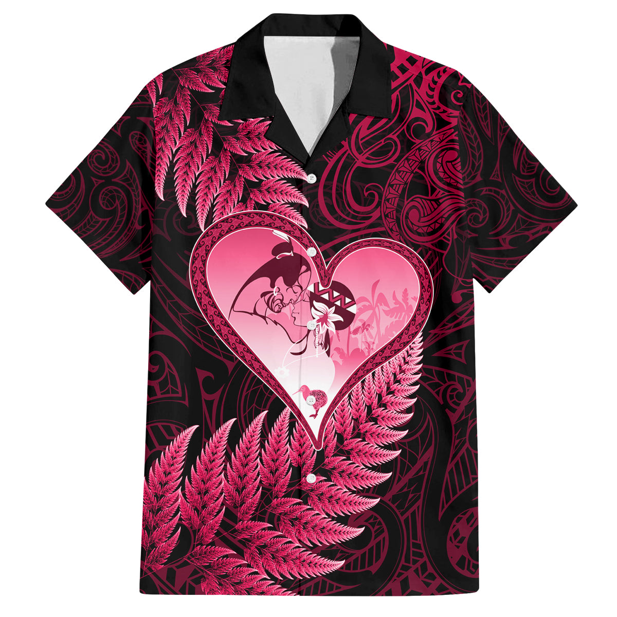 New Zealand Valentine Day Family Matching Long Sleeve Bodycon Dress and Hawaiian Shirt Aotearoa Warrior Love Story Silver Fern Koru Pink Style LT03 Dad's Shirt - Short Sleeve Pink - Polynesian Pride