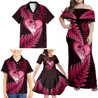 New Zealand Valentine Day Family Matching Off Shoulder Maxi Dress and Hawaiian Shirt Aotearoa Warrior Love Story Silver Fern Koru Pink Style LT03 - Polynesian Pride