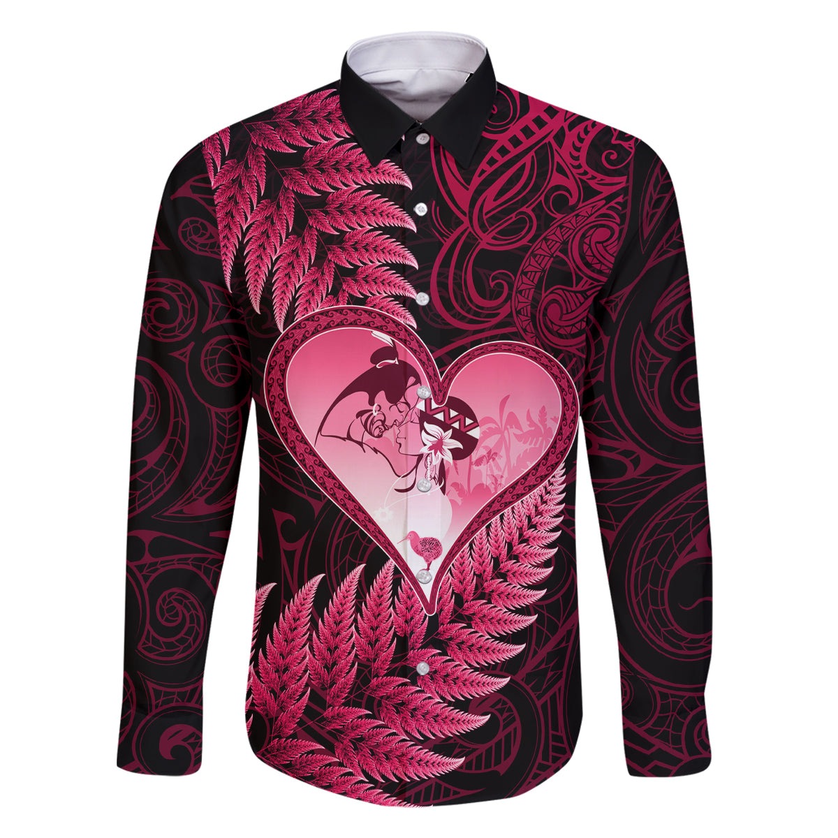 New Zealand Valentine Day Family Matching Off Shoulder Maxi Dress and Hawaiian Shirt Aotearoa Warrior Love Story Silver Fern Koru Pink Style LT03 Dad's Shirt - Long Sleeve Pink - Polynesian Pride