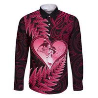 New Zealand Valentine Day Family Matching Off Shoulder Maxi Dress and Hawaiian Shirt Aotearoa Warrior Love Story Silver Fern Koru Pink Style LT03 Dad's Shirt - Long Sleeve Pink - Polynesian Pride