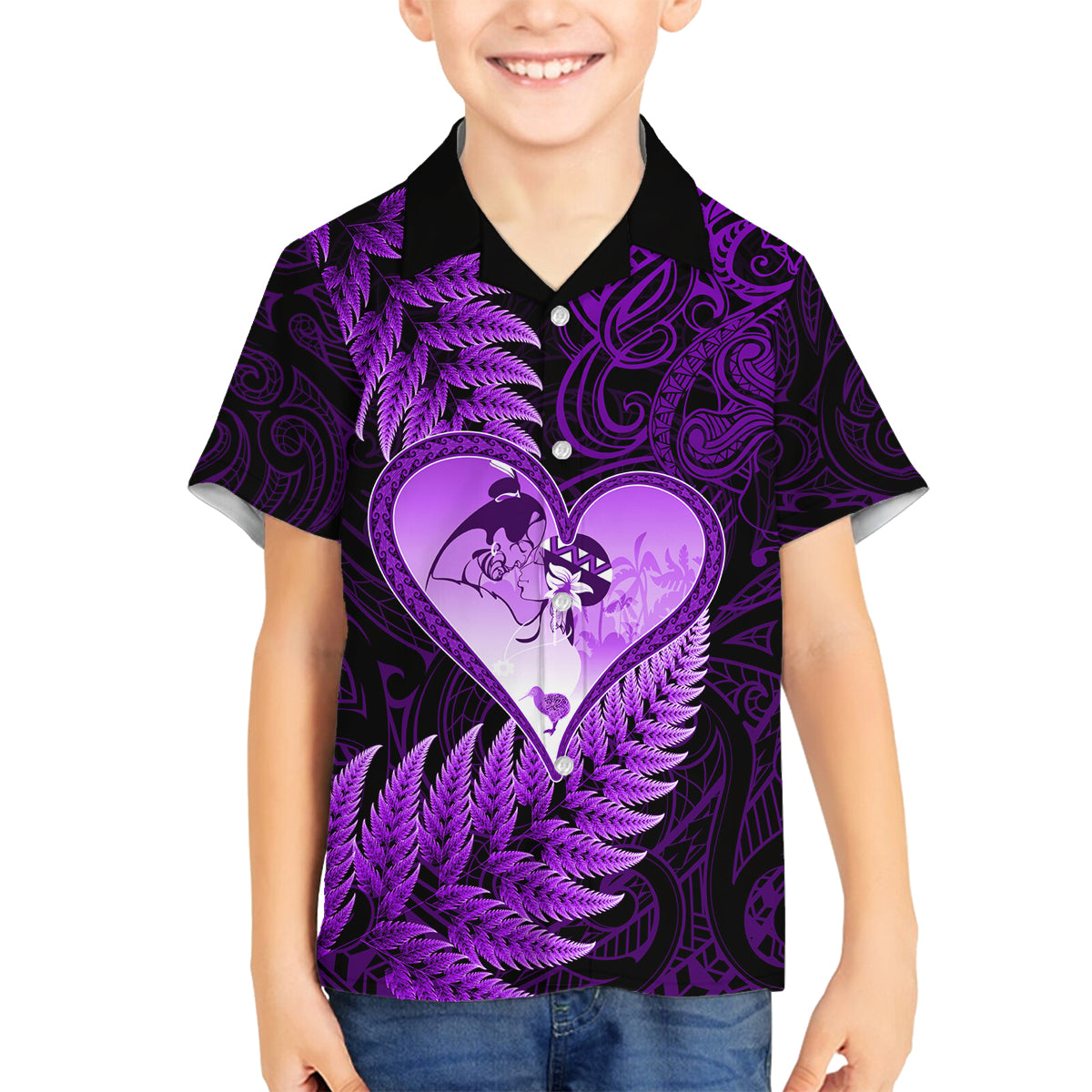 New Zealand Valentine Day Family Matching Off Shoulder Short Dress and Hawaiian Shirt Aotearoa Warrior Love Story Silver Fern Koru Purple Style LT03 Son's Shirt Purple - Polynesian Pride