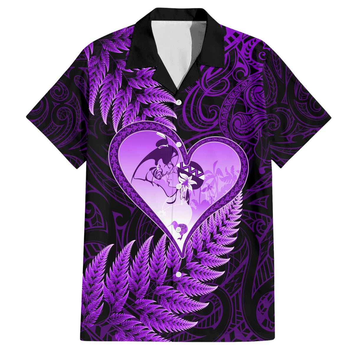 New Zealand Valentine Day Family Matching Short Sleeve Bodycon Dress and Hawaiian Shirt Aotearoa Warrior Love Story Silver Fern Koru Purple Style LT03 Dad's Shirt - Short Sleeve Purple - Polynesian Pride