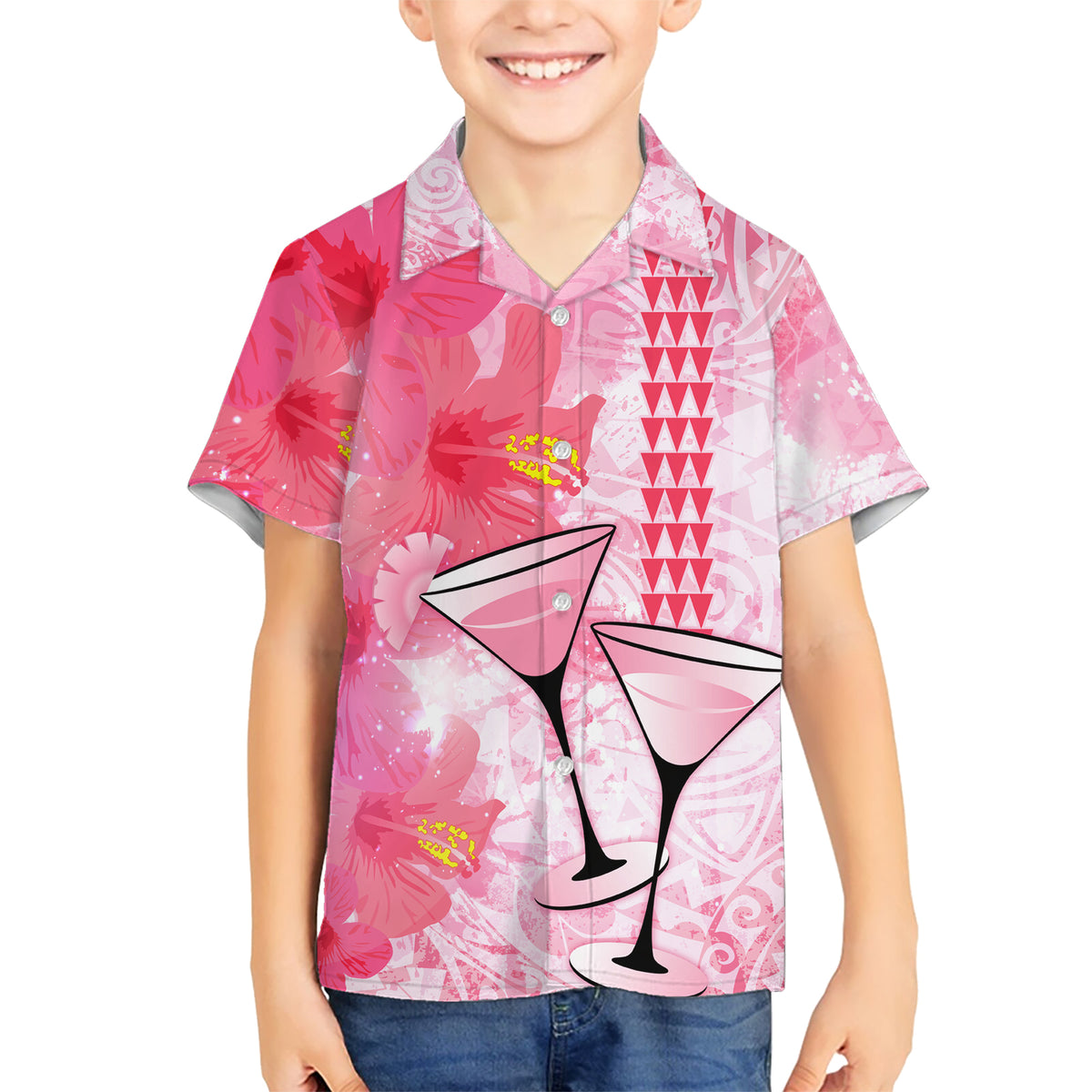 Hawaiian Cocktail Valentine Day Kid Hawaiian Shirt Hibiscus Kakau Pattern Pink Version LT03 Kid Pink - Polynesian Pride