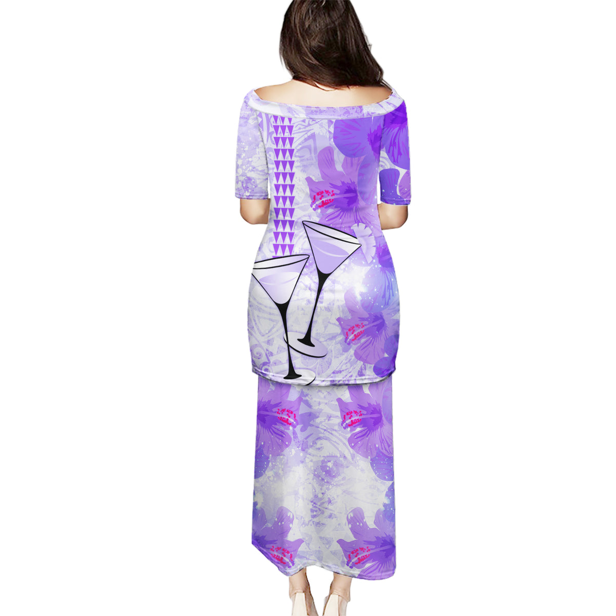 Hawaiian Cocktail Valentine Day Puletasi Hibiscus Kakau Pattern Purple Version LT03 - Polynesian Pride