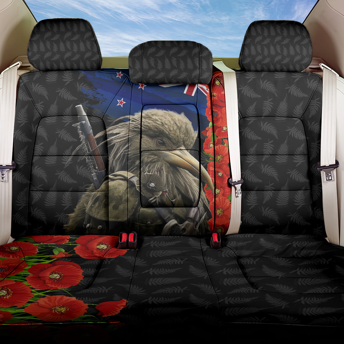 New Zealand Kiwi Soldier ANZAC Back Car Seat Cover Red Poppy Flower and Silver Fern Pattern LT03 One Size Black - Polynesian Pride
