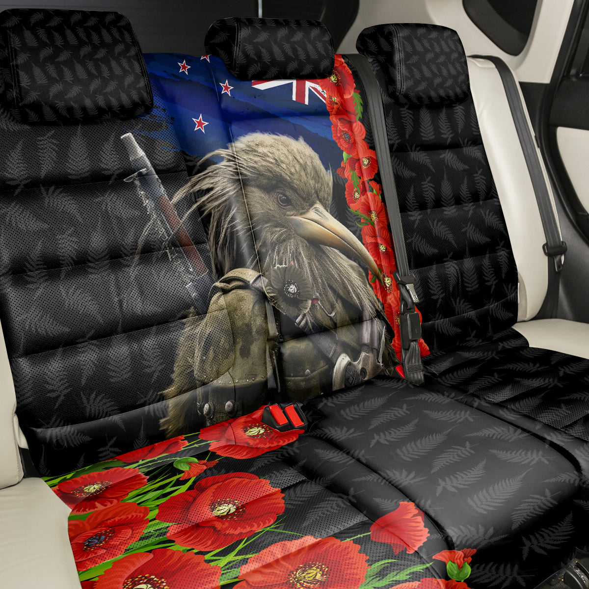 New Zealand Kiwi Soldier ANZAC Back Car Seat Cover Red Poppy Flower and Silver Fern Pattern LT03 - Polynesian Pride