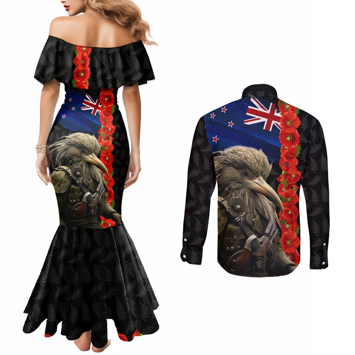 New Zealand Kiwi Soldier ANZAC Couples Matching Mermaid Dress and Long Sleeve Button Shirt Red Poppy Flower and Silver Fern Pattern LT03 - Polynesian Pride