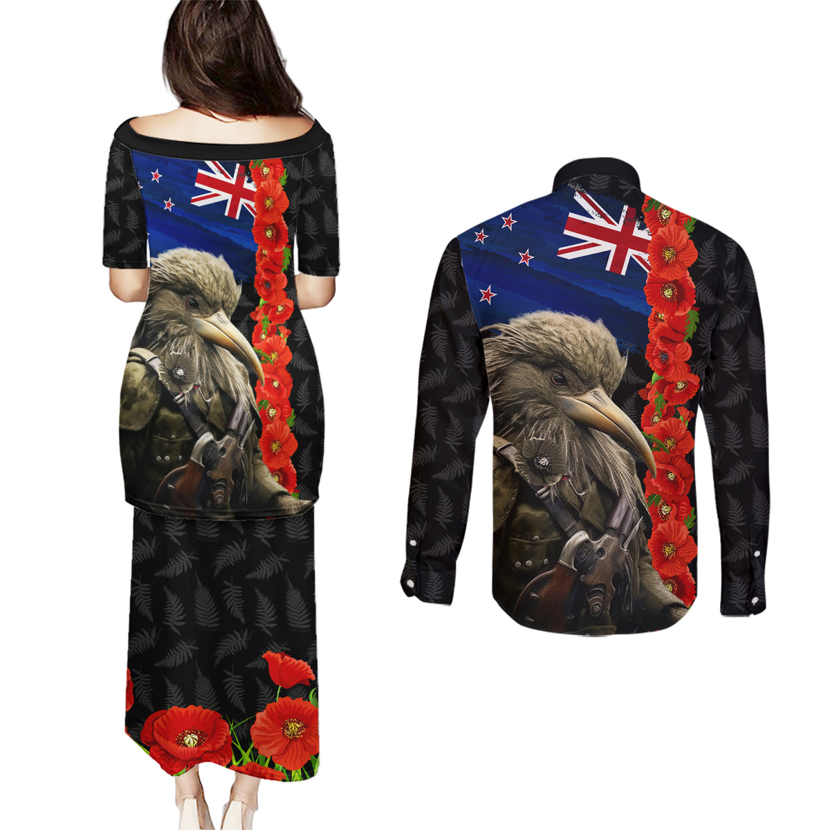 New Zealand Kiwi Soldier ANZAC Couples Matching Puletasi and Long Sleeve Button Shirt Red Poppy Flower and Silver Fern Pattern LT03 - Polynesian Pride