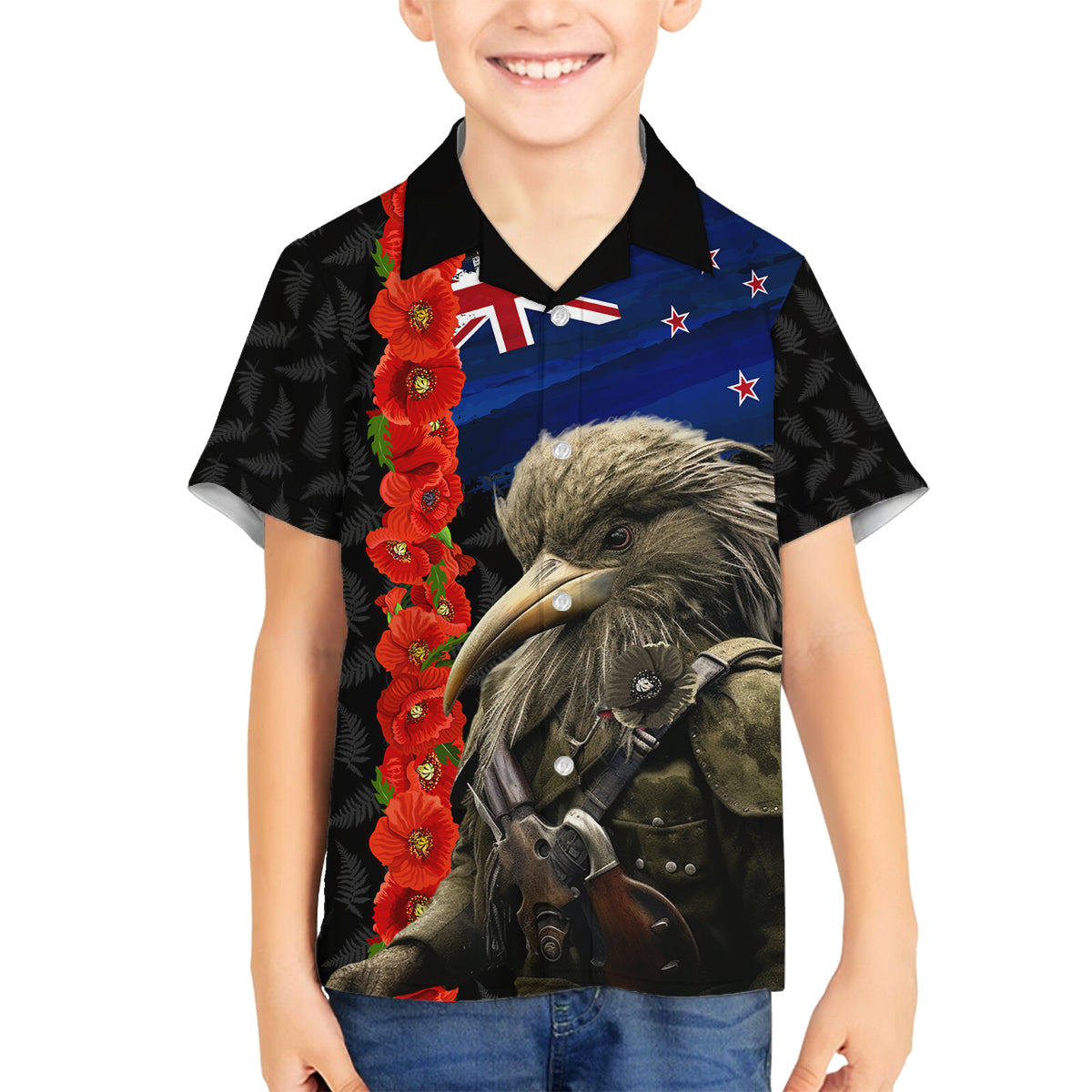 New Zealand Kiwi Soldier ANZAC Family Matching Off Shoulder Long Sleeve Dress and Hawaiian Shirt Red Poppy Flower and Silver Fern Pattern LT03 Son's Shirt Black - Polynesian Pride