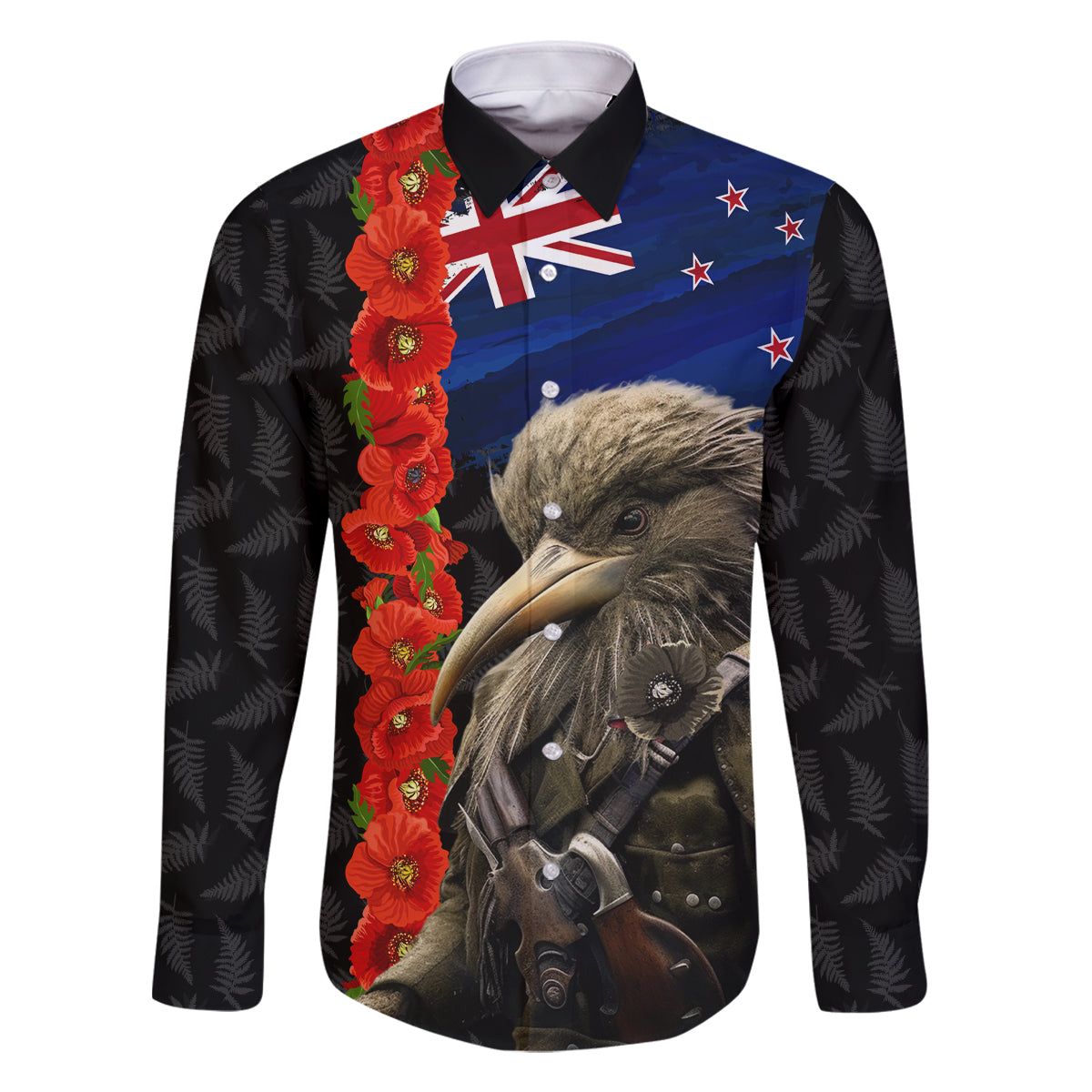 New Zealand Kiwi Soldier ANZAC Family Matching Tank Maxi Dress and Hawaiian Shirt Red Poppy Flower and Silver Fern Pattern LT03 Dad's Shirt - Long Sleeve Black - Polynesian Pride