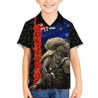 New Zealand Kiwi Soldier ANZAC Family Matching Tank Maxi Dress and Hawaiian Shirt Red Poppy Flower and Silver Fern Pattern LT03 Son's Shirt Black - Polynesian Pride