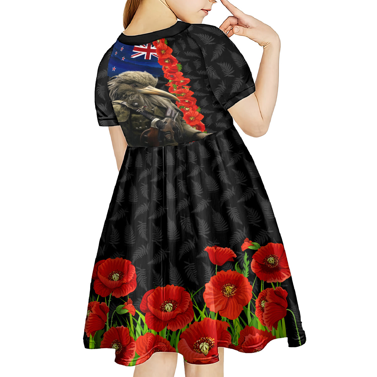 New Zealand Kiwi Soldier ANZAC Kid Short Sleeve Dress Red Poppy Flower and Silver Fern Pattern LT03 - Polynesian Pride