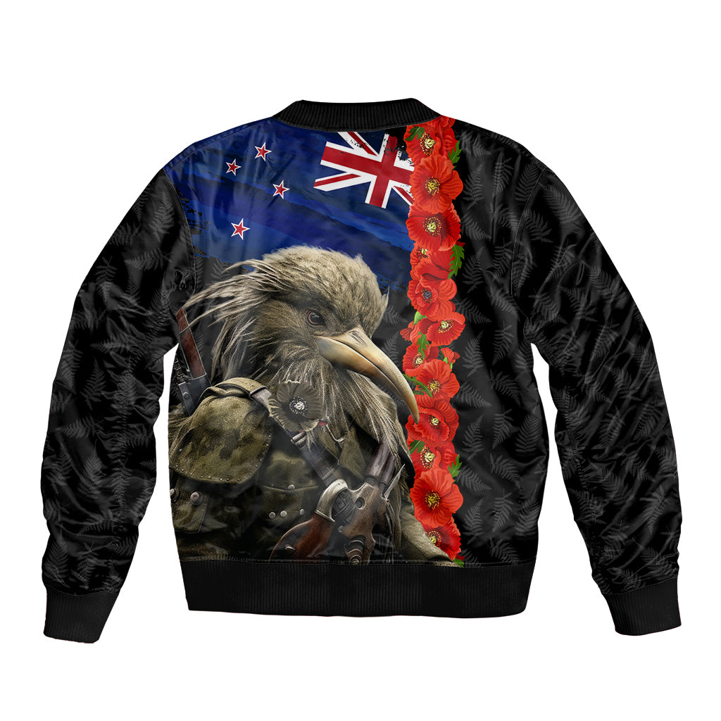 New Zealand Kiwi Soldier ANZAC Sleeve Zip Bomber Jacket Red Poppy Flower and Silver Fern Pattern LT03 - Polynesian Pride