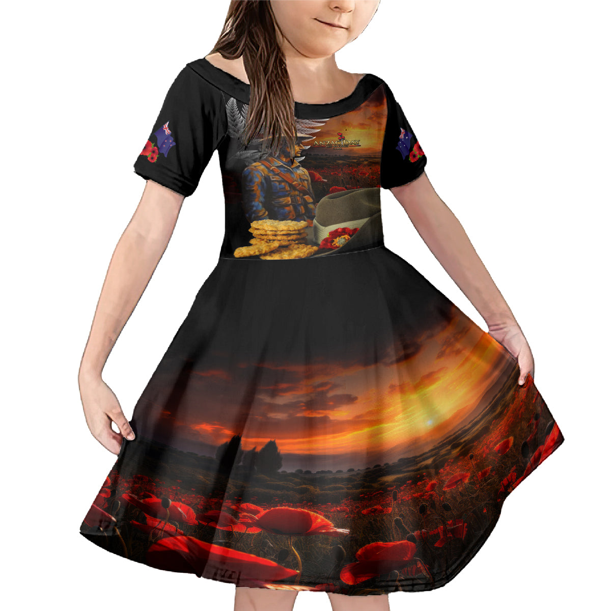 Slouch Hat and Biscuits ANZAC Family Matching Mermaid Dress and Hawaiian Shirt with Soldier Silver Fern LT03 Daughter's Dress Black - Polynesian Pride
