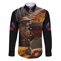 Slouch Hat and Biscuits ANZAC Family Matching Off Shoulder Maxi Dress and Hawaiian Shirt with Soldier Silver Fern LT03 Dad's Shirt - Long Sleeve Black - Polynesian Pride