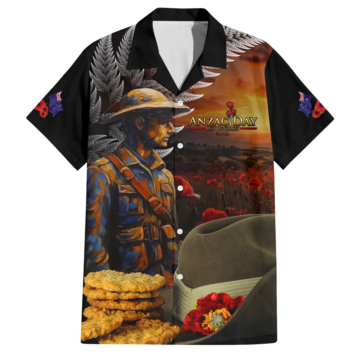 Slouch Hat and Biscuits ANZAC Family Matching Off Shoulder Short Dress and Hawaiian Shirt with Soldier Silver Fern LT03 Dad's Shirt - Short Sleeve Black - Polynesian Pride