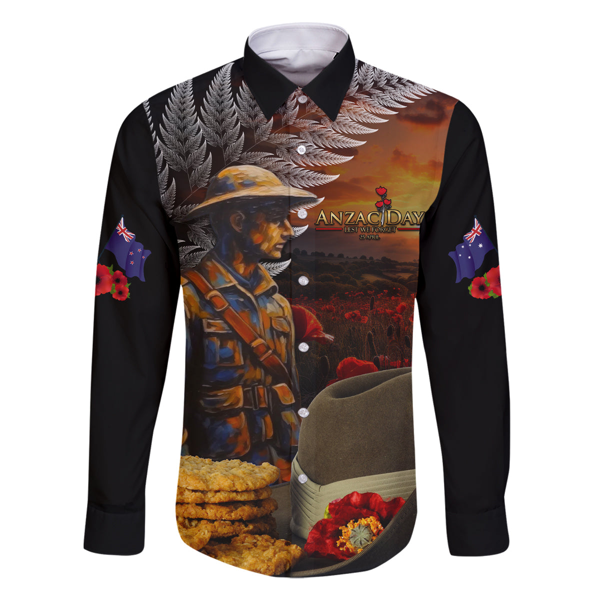Slouch Hat and Biscuits ANZAC Family Matching Off Shoulder Short Dress and Hawaiian Shirt with Soldier Silver Fern LT03 Dad's Shirt - Long Sleeve Black - Polynesian Pride
