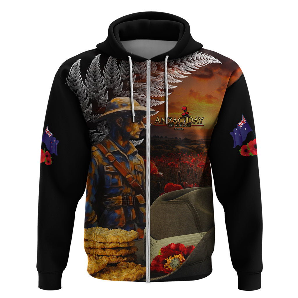 Slouch Hat and Biscuits ANZAC Hoodie with Soldier Silver Fern LT03 Zip Hoodie Black - Polynesian Pride