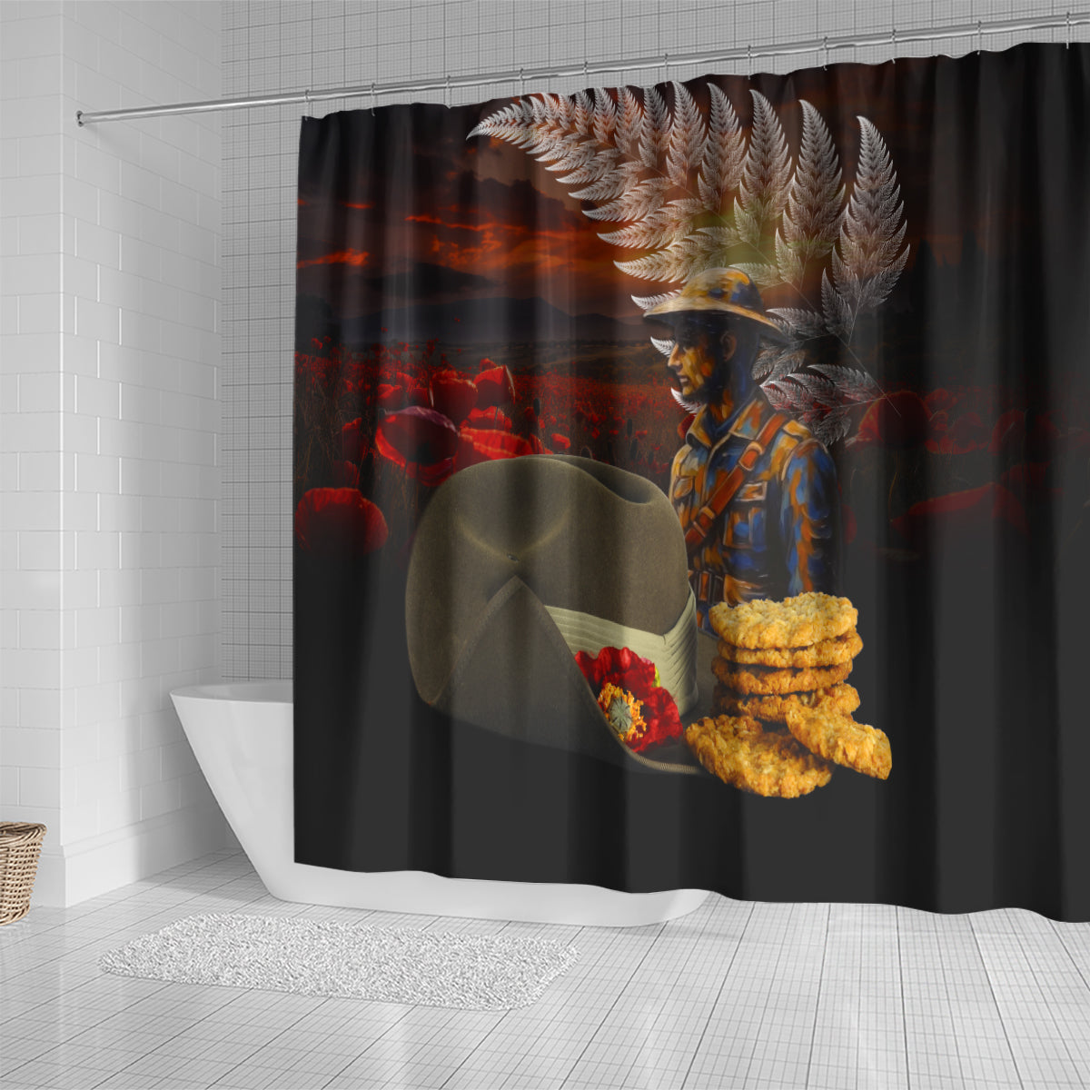 Slouch Hat and Biscuits ANZAC Shower Curtain with Soldier Silver Fern LT03 - Polynesian Pride