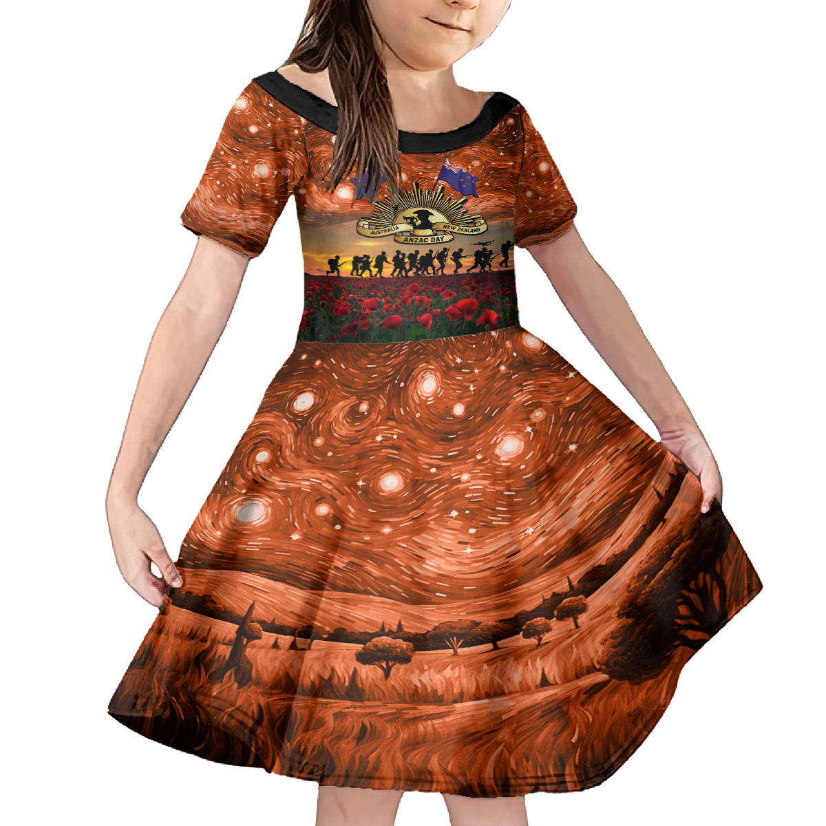 The Rising Sun Badge ANZAC Family Matching Off Shoulder Long Sleeve Dress and Hawaiian Shirt Last Post Field of Poppy Starry Night Style LT03 Daughter's Dress Black - Polynesian Pride