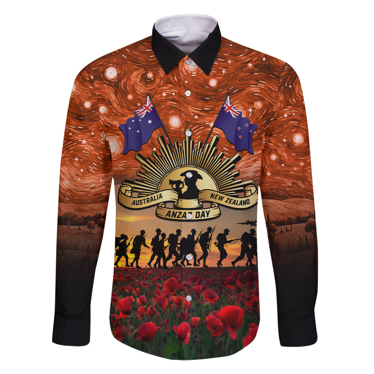 The Rising Sun Badge ANZAC Family Matching Off Shoulder Short Dress and Hawaiian Shirt Last Post Field of Poppy Starry Night Style LT03 Dad's Shirt - Long Sleeve Black - Polynesian Pride