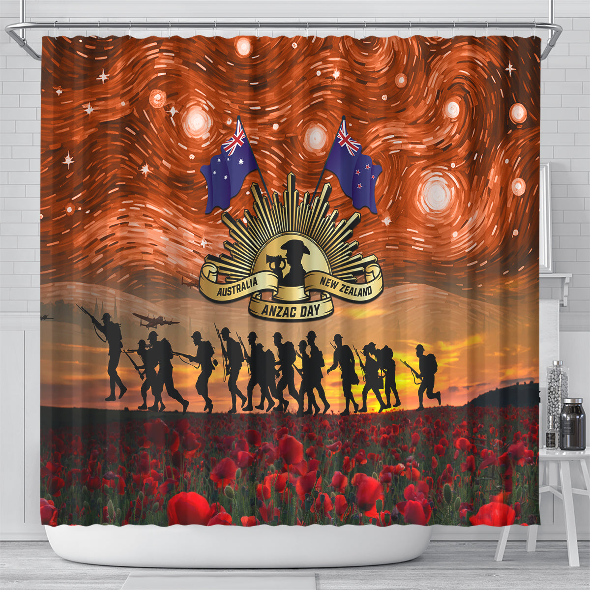 The Rising Sun Badge ANZAC Shower Curtain Last Post Field of Poppy Starry Night Style LT03 - Polynesian Pride