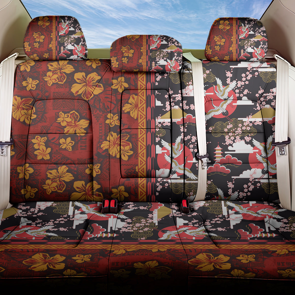 Japanese Culture Hawaii Style Back Car Seat Cover Hawaiian Tribal and Japanese Pattern Together Culture LT03 One Size Red - Polynesian Pride