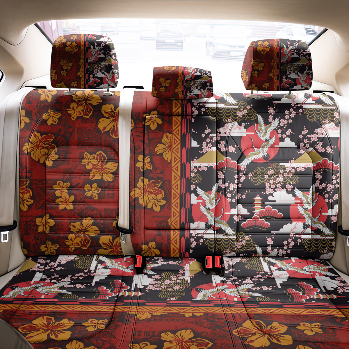 Japanese Culture Hawaii Style Back Car Seat Cover Hawaiian Tribal and Japanese Pattern Together Culture LT03 - Polynesian Pride