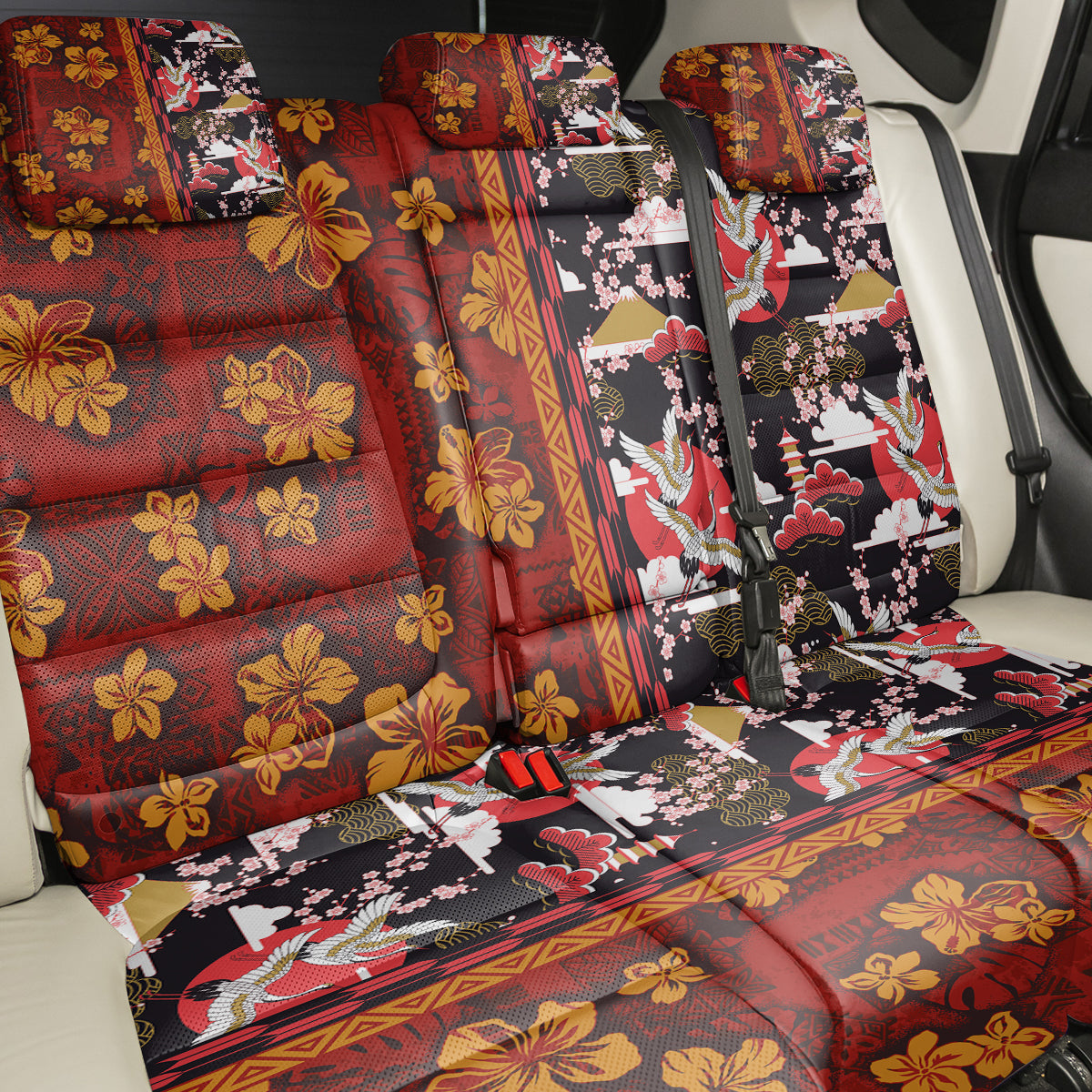 Japanese Culture Hawaii Style Back Car Seat Cover Hawaiian Tribal and Japanese Pattern Together Culture LT03 - Polynesian Pride