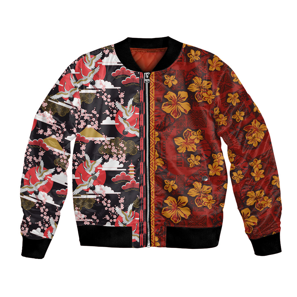 Japanese Culture Hawaii Style Bomber Jacket Hawaiian Tribal and Japanese Pattern Together Culture LT03 Unisex Red - Polynesian Pride